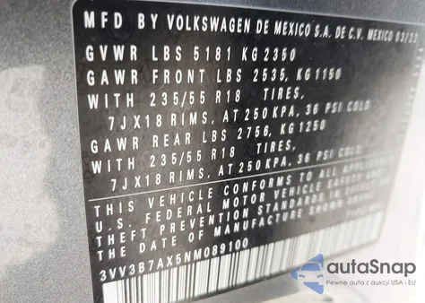2022 Volkswagen Tiguan 2.0T Se z USA, uszkodzony, nr VIN 3VV3B7AX5NM089100